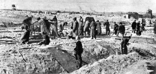 Więźniowie Majdanka budują Lagerstrasse, w głębi pole I