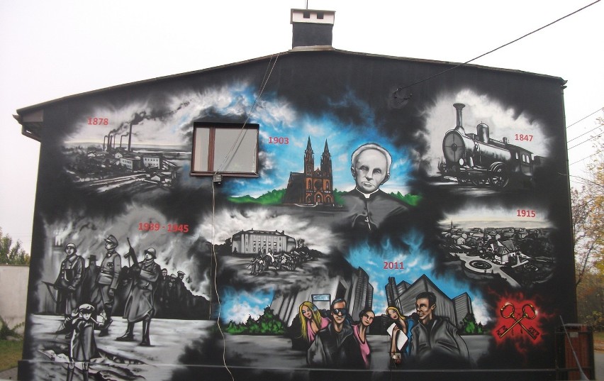 Graffiti na ścianie siedziby Centrum Inicjatyw Lokalnych w Zawierciu nawiązuje do historii miasta