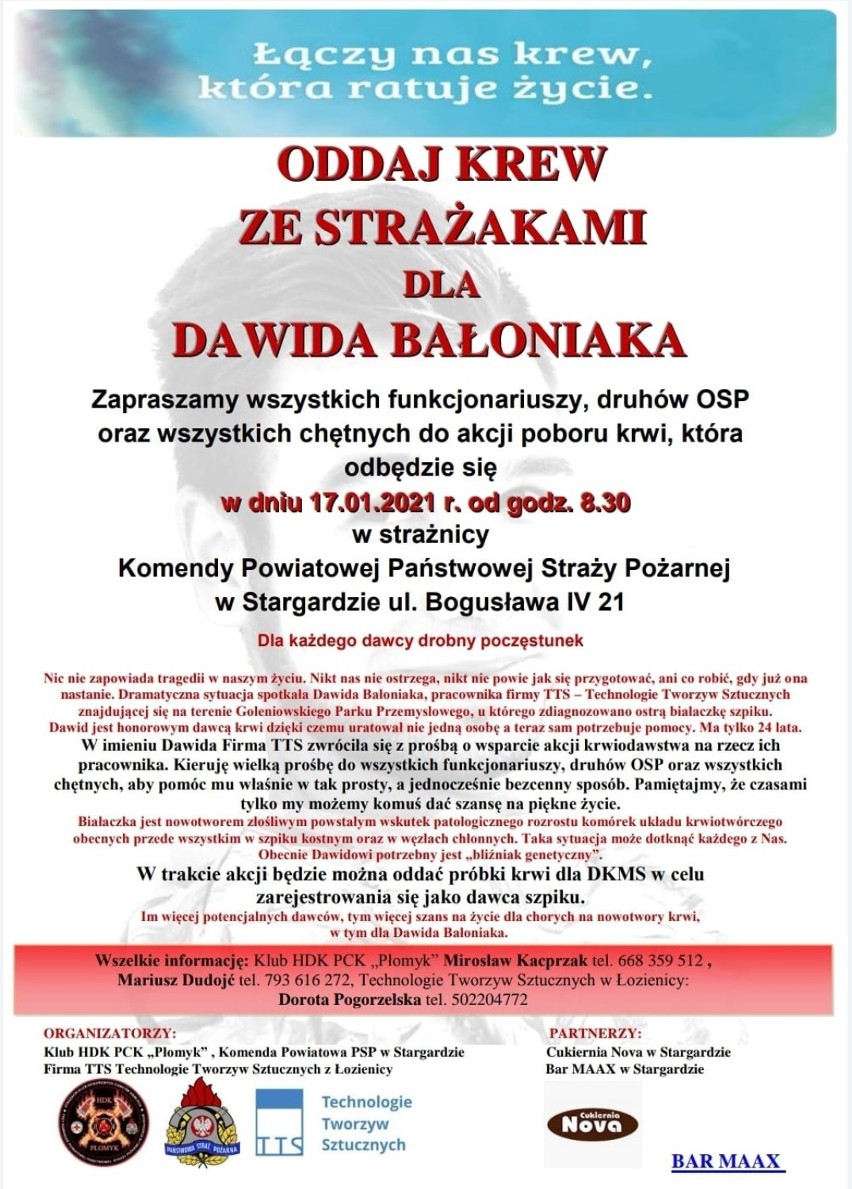 Stargardzcy strażacy zapraszają do oddawania krwi i rejestrowania się jako potencjalny dawca szpiku. Akcja dla Dawida Bałoniaka z Maszewa