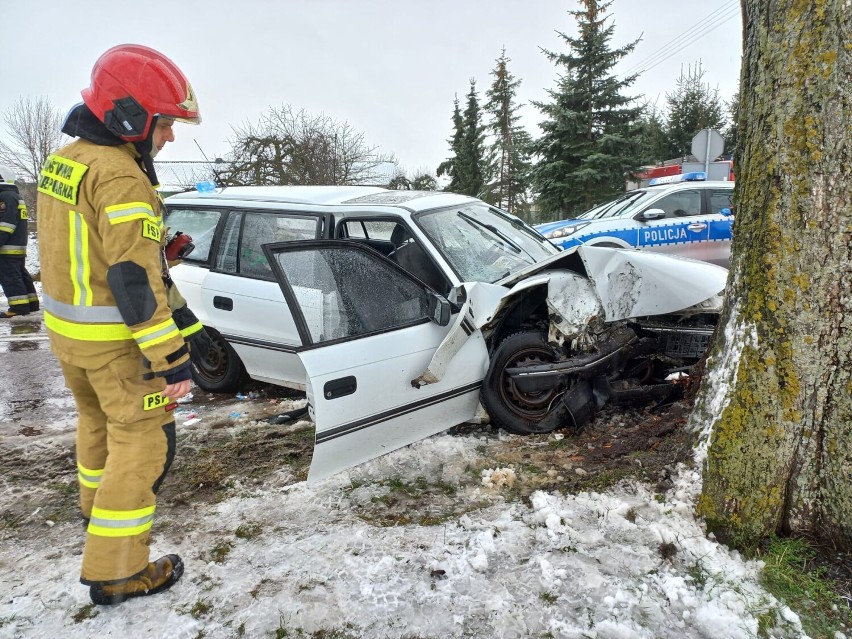 Wypadek pod Damasławkiem. Auto osobowe uderzyło w drzewo. Dwie osoby trafiły do szpitala 