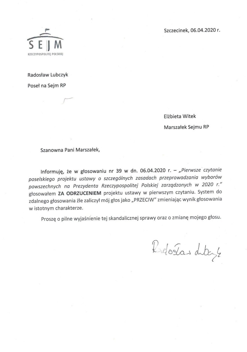 Poseł Lubczyk poparł projekt PiS. Twierdzi, że system źle zaliczył jego głos 