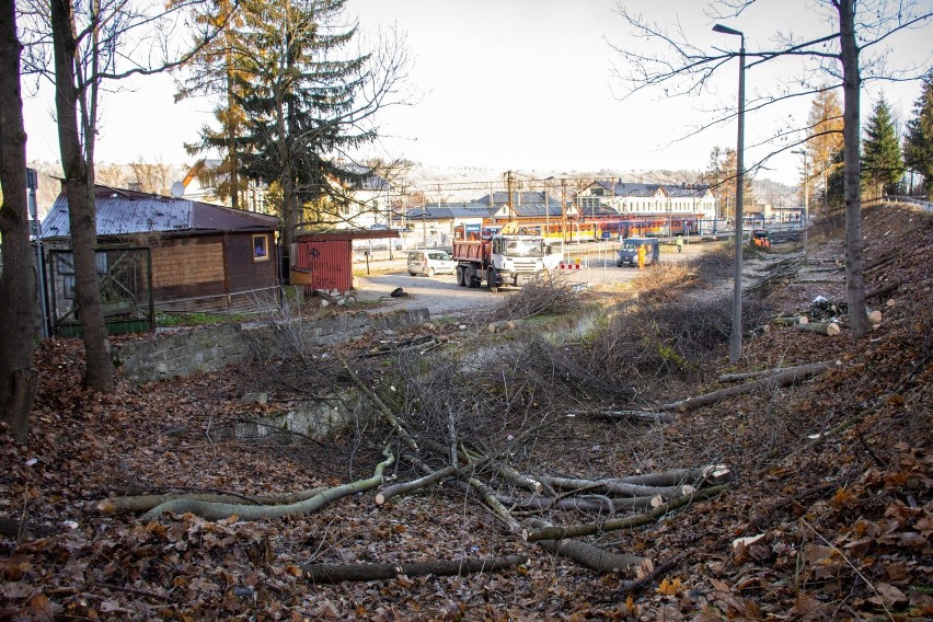 Zakopane. Wycinają drzewa pod budowę parkingu wielopoziomowego przy dworcu 