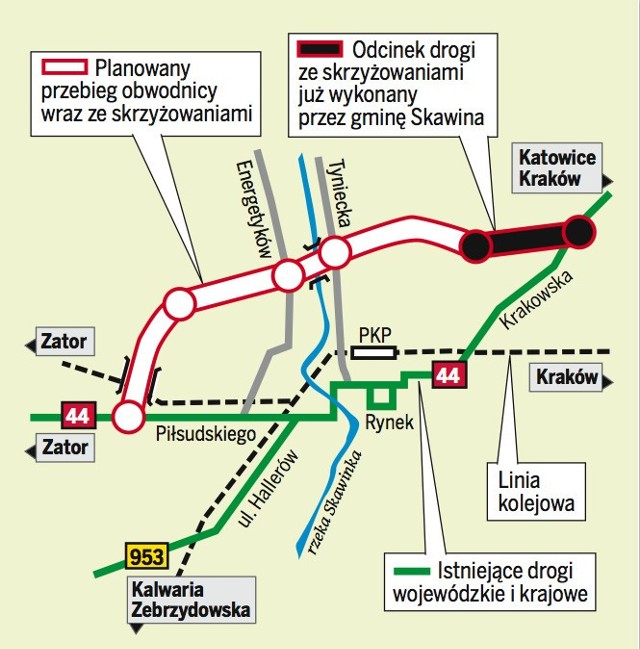 Przebieg planowanej obwodnicy Skawiny