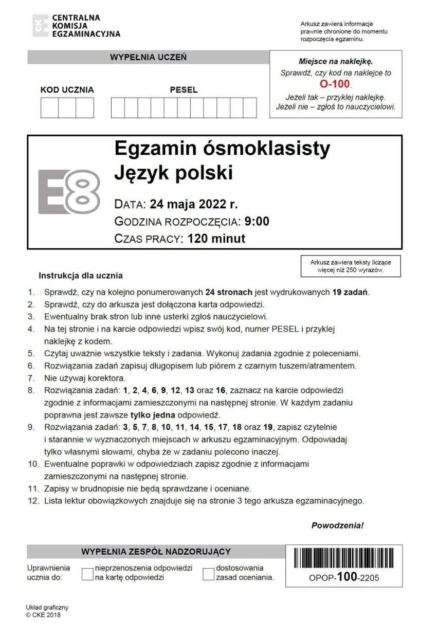 Egzamin ósmoklasisty z języka polskiego. Oto arkusz CKE, odpowiedzi, tematy. Jak wyglądał egzamin z polskiego 24.05.2022 roku?