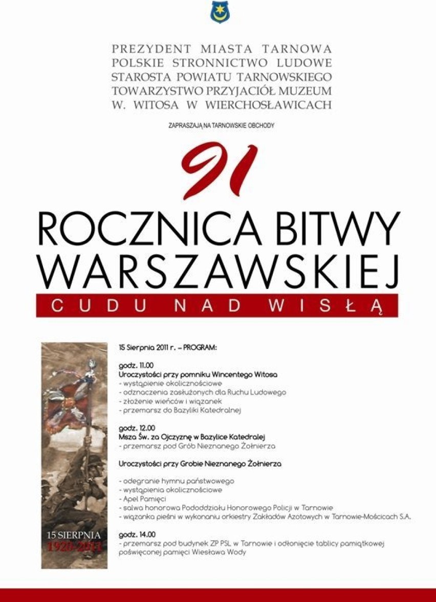 Program tarnowskich obchodów 91. rocznicy Cudu nad Wisłą.