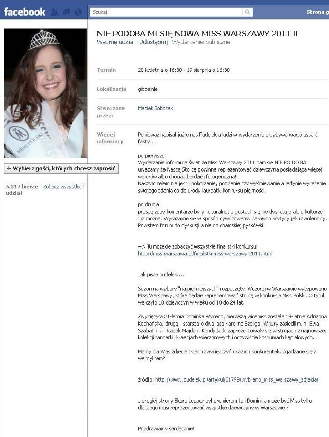 Wydarzenie "Nie podoba mi się nowa Miss Warszawy 2011!" na Facebooku