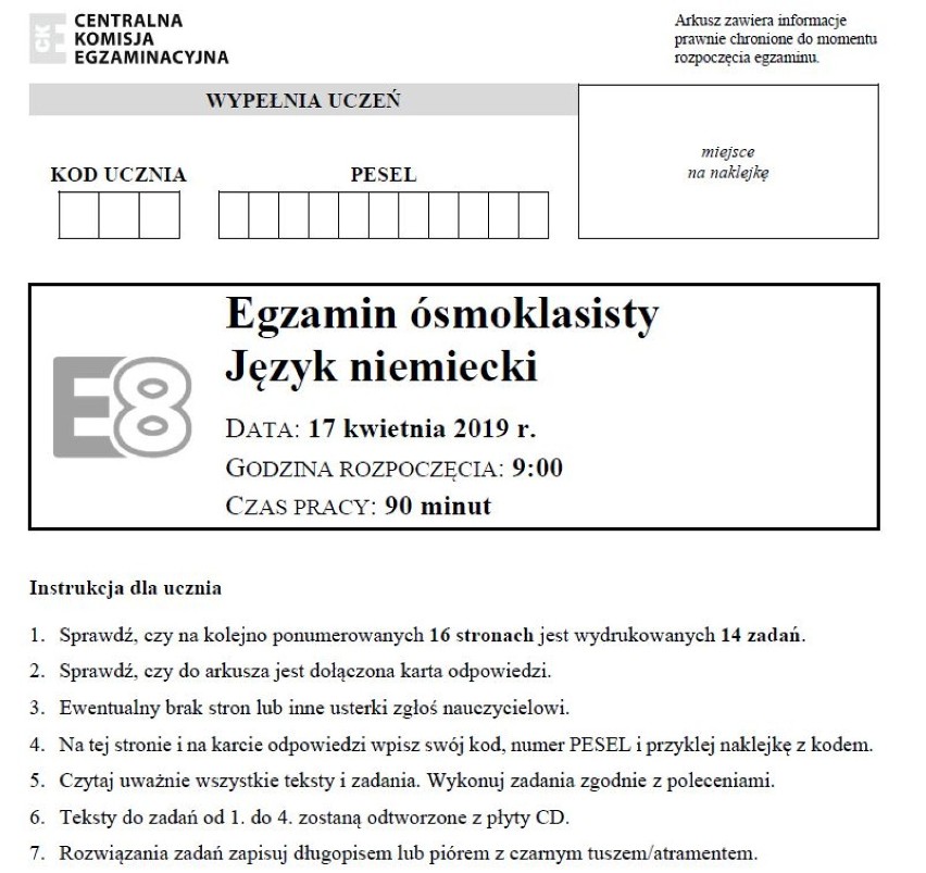 EGZAMIN ÓSMOKLASISTY 2019. Język niemiecki 17.04.2019 ODPOWIEDZI, ARKUSZE CKE. Test 8-klasisty z j. niemieckiego [klucz odpowiedzi, arkusze]