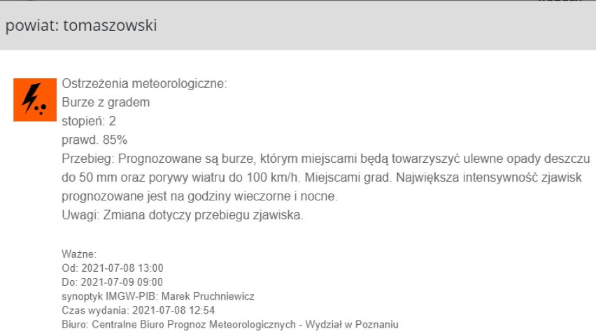 Ostrzeżenie przed burzami z gradem dla regionu, w tym powiatu tomaszowskiego i opoczyńskiego