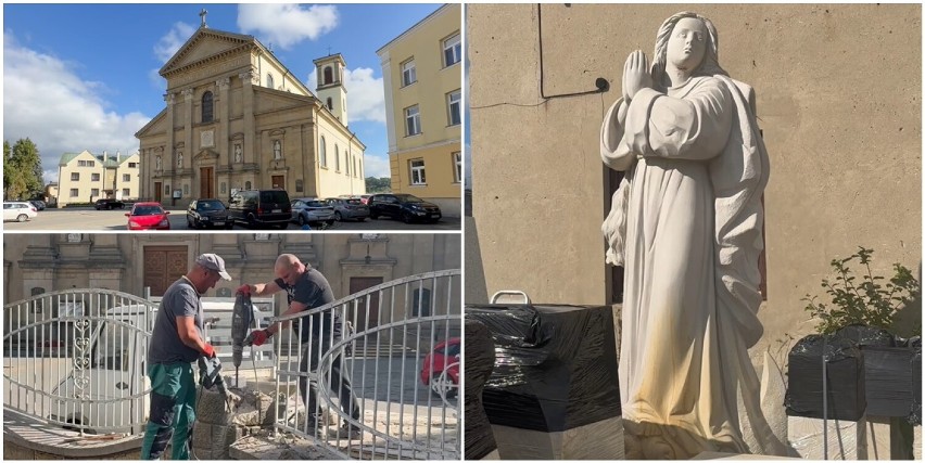 Figura patronki Gorlic - Maryi Niepokalanej  stanie na placu kościelnym. Rzeźba ma trzy metry wysokości i wyszła spod dłuta Edwarda Halucha