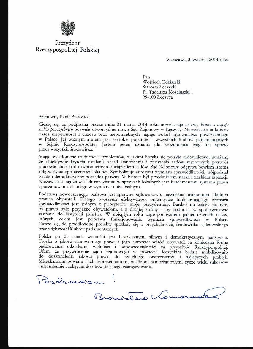 Sąd Rejonowy w Łęczycy. Pismo prezydenta do starosty łęczyckiego w sprawie przywrócenia sądu