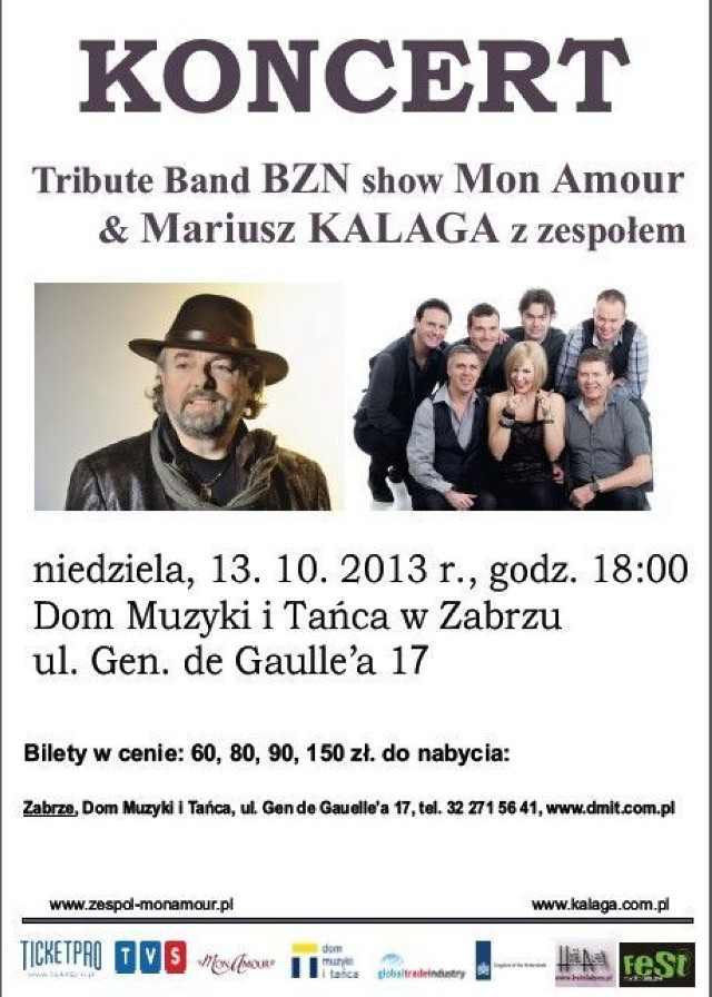 Plakat koncertu Mariusz Kalaga i Mon Amour BZN tribute band