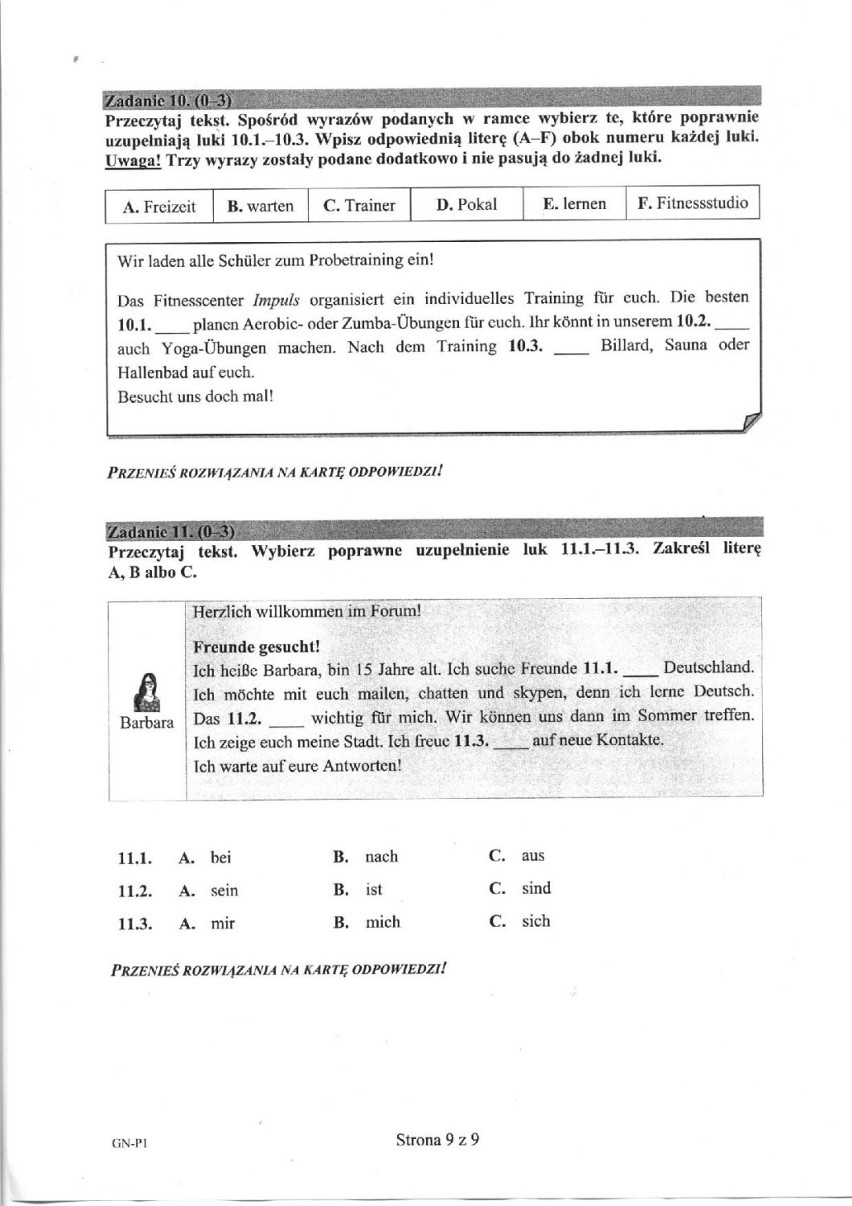 Niemiecki Egzamin Gimnazjalny 2015. Odpowiedzi, arkusze CKE