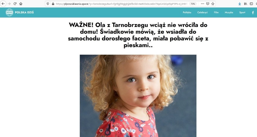 Zaginęła Ola z Tarnobrzega? To kolejny fake news rozsiewany w sieci. Ostrzegamy: Klikasz w link - możesz mieć kłopoty!