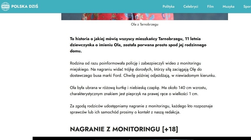 Zaginęła Ola z Tarnobrzega? To kolejny fake news rozsiewany w sieci. Ostrzegamy: Klikasz w link - możesz mieć kłopoty!