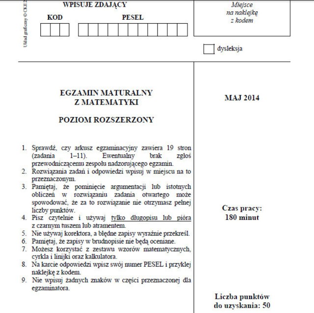 Matura matematyka rozszerzona 2014 - zadania, arkusze CKE, odpowiedzi