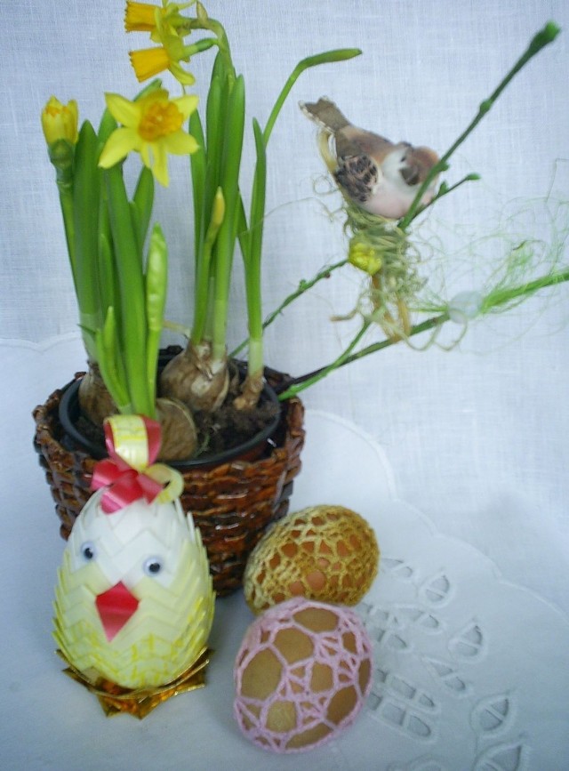 Kurczak wykonany z tasiemki, na bazie styropianowego jajka w kolorowych koszulkach.Całość rozweselają żonkile.
Fot. Dorota Michalczak