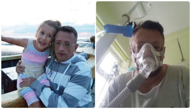 Michał Peryt ze swoją córeczką. Na zdjęciu z prawej w aparaturze pomagającej mu oddychać.