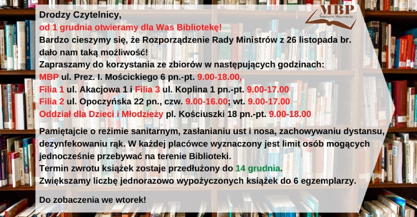 Biblioteka w Tomaszowie znów otwarta dla czytelników. Od kiedy i na jakich zasadach?