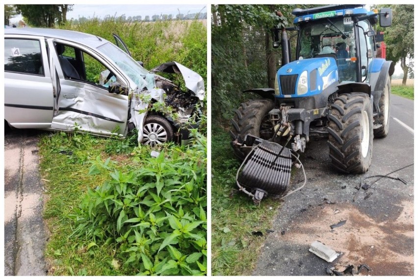 Zderzenie samochodu osobowego z traktorem na drodze między Starym Gołębinem a Donatowem