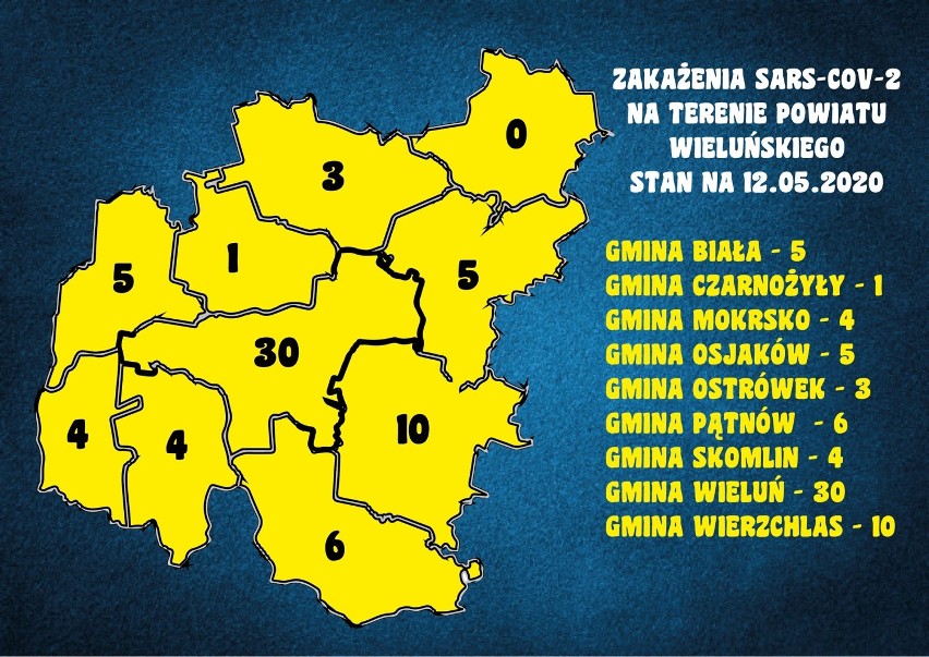 Mapa zarażeń koronawirusem w powiecie wieluńskim z podziałem na poszczególne gminy.
