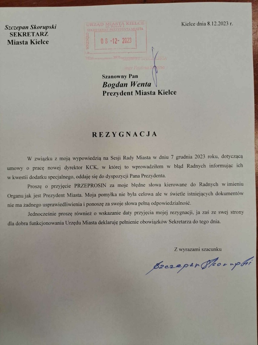 Sekretarz Kielc, Szczepan Skorupski podał się do dymisji za wprowadznie radnych w błąd  