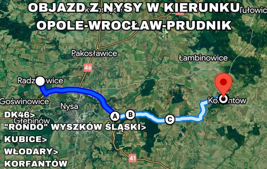 Objazd z Nysy w kierunku Opole-Wrocław-Prudnik