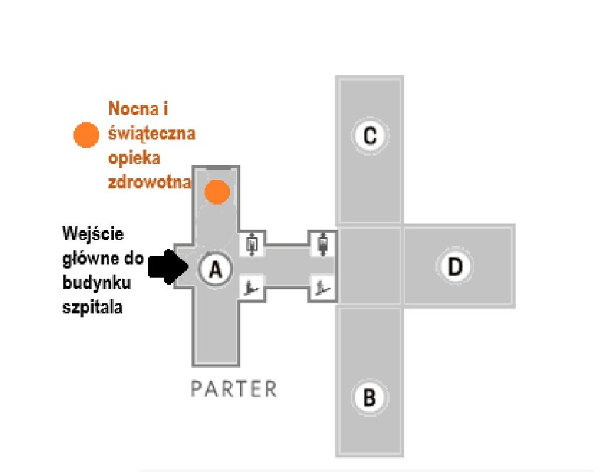 Plan szpitalnego parteru z zaznaczonymi gabinetami