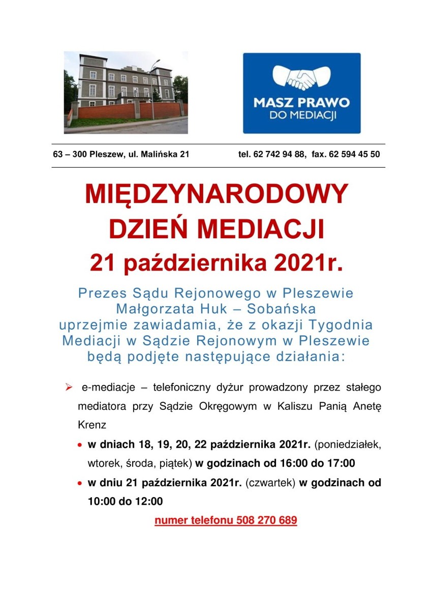 Od 18 października do 22 października Sąd Rejonowy w Pleszewie włącza się do działań na rzecz promocji mediacji
