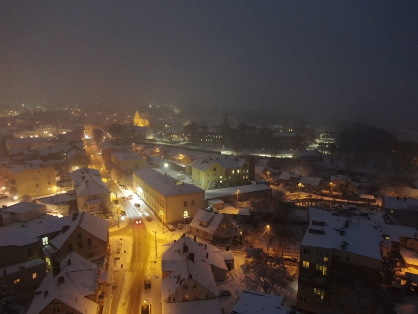 Tak wygląda stare miasto w Świeciu zimową porą z lotu ptaka