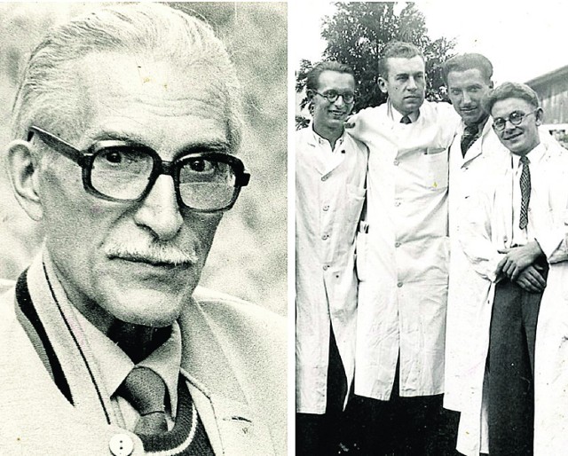 Profesor Jan Moll (1912-1990) na fot. z 1988 r.; obok asystenci i praktykanci inowrocławskiego szpitala w 1936 r., od lewej: Jan Moll, NN, NN i Józef Szłapka.