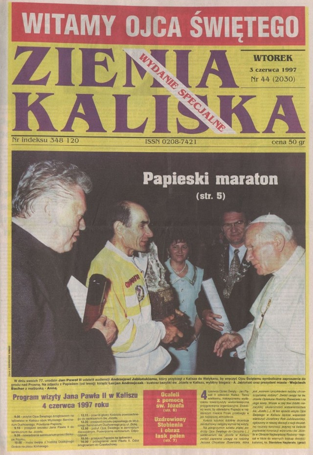 Wydanie specjalne "Ziemi Kaliskiej" poświęcone wizycie Jana Pawła II w Kaliszu 4 czerwca 1997 r.
"Ziemia Kaliska", nr 44, 1997