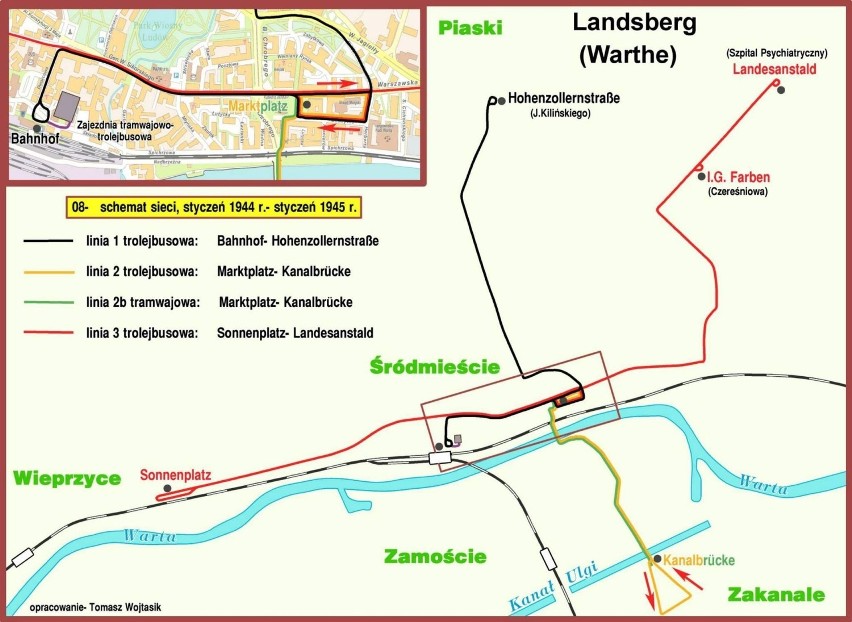 Przebieg linii trolejbusowych w Gorzowie