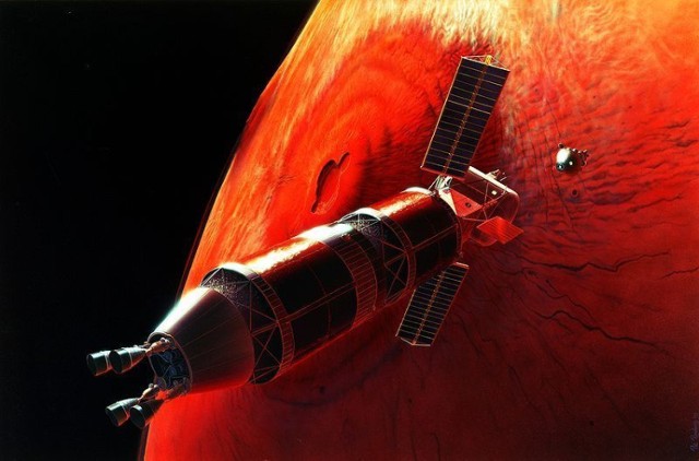 Artystyczna wizja misji na Marsa (http://commons.wikimedia.org/wiki/File:Mars_orbit_rendez_vous_S95_01407.jpg)