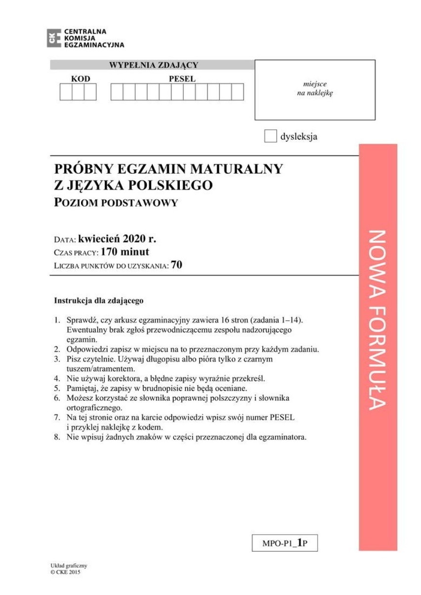 Matura próbna 2020 język polski - poziom podstawowy. Arkusz CKE