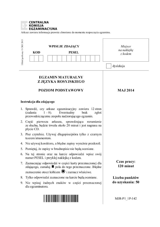 Matura 2014. Rosyjski poziom podstawowy [ARKUSZE, ODPOWIEDZI]