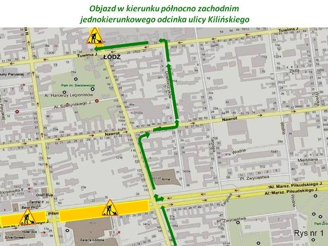 Mapa nr 1: W związku z pracami, ruch na ul. Kilińskiego między ulicami Nawrot i Tuwima odbywać się będzie tylko w jednym kierunku - w stronę al. Piłsudskiego. Zalecany objazd ul. Kilińskiego do ul. Tuwima to: z ul. Kilińskiego w prawo w ul. Nawrot  następnie w lewo w ul. Dowborczyków dojazd do ul. Tuwima.