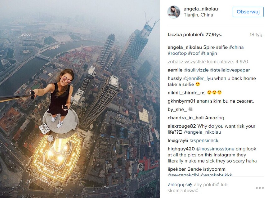 Angelina Nikolau robi sobie selfie tzw. wysokiego ryzyka. I...