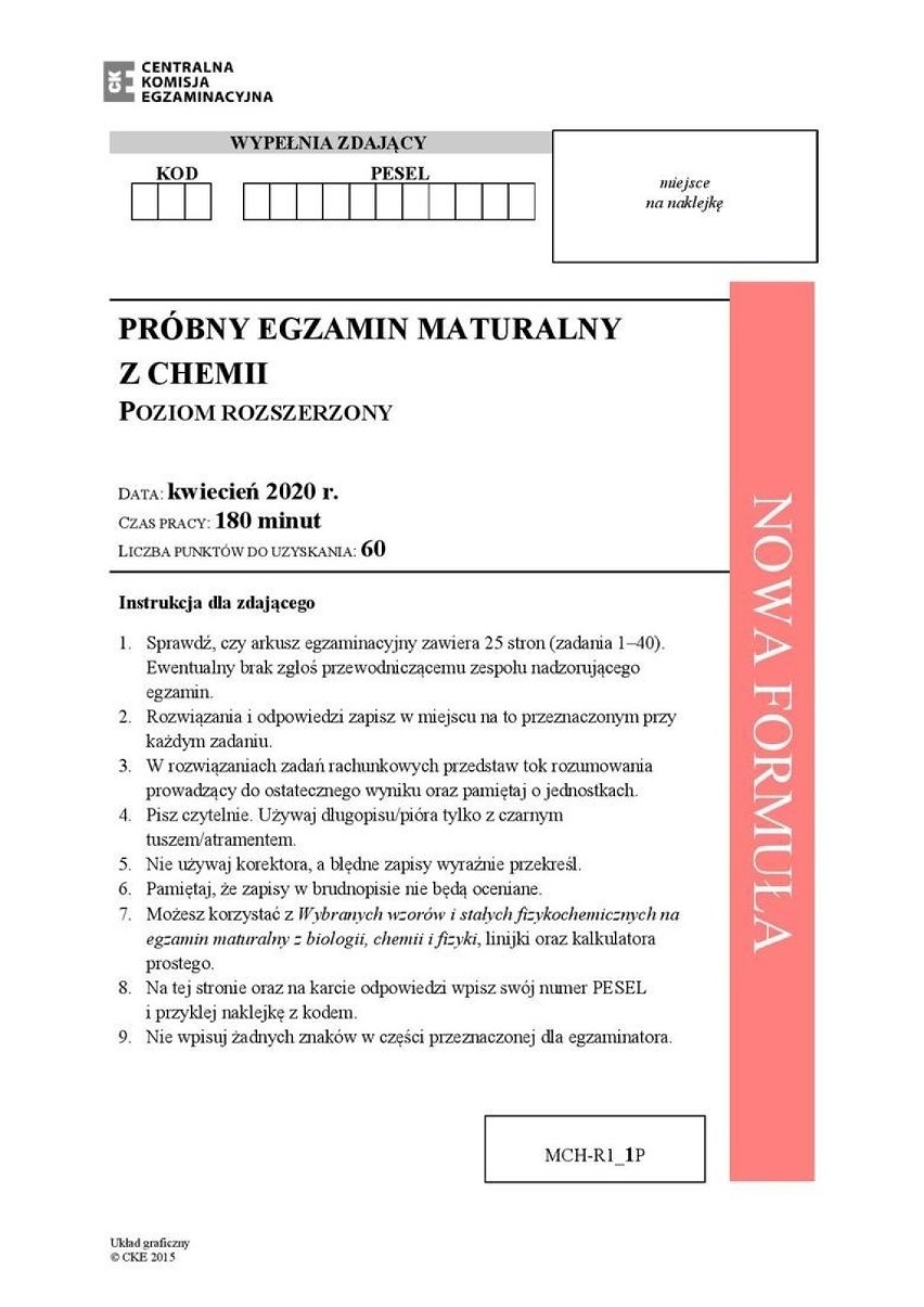 Matura próbna 2020 z chemii. ARKUSZ CKE, pytania [8.04.2020]