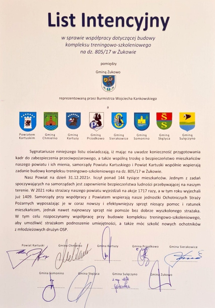 Samorządy podpisały list intencyjny w sprawie budowy kompleksu treningowo-szkoleniowego dla strażaków w Żukowie