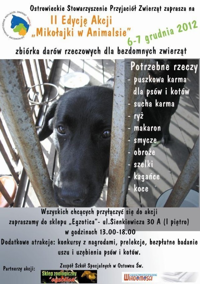 Plakat akcji &quot;Mikołajki w Animalsie&quot;.