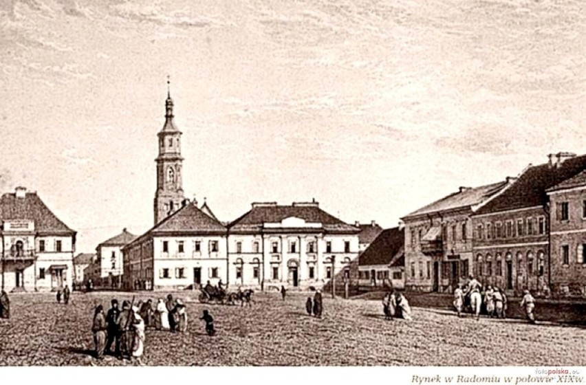 1858 rok, Radom, Rynek. Widok w kierunku ulicy Rwańskiej i...