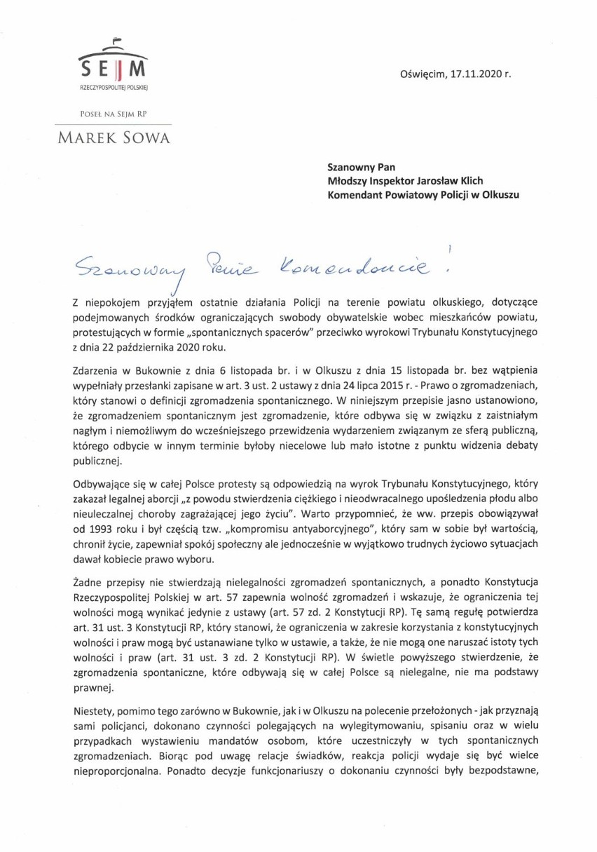 List posła Marka Sowy do olkuskiego komendanta policji