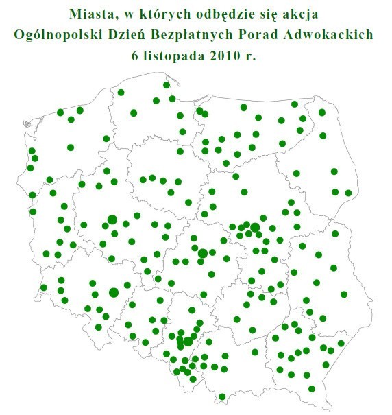 Miasta, w których odbędzie się akcja Ogólnopolski Dzień Bezpłatnych Porad Adwokackich.