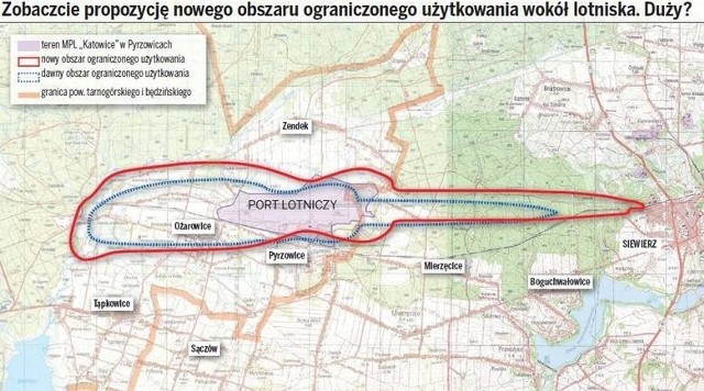 Projekt obszaru ograniczonego użytkowania w Pyrzowicach wokół lotniska. Na czerwono zaznaczono granice nowej strefy, a na niebiesko granice strefy, które wprowadzono w 2008 roku, ale zostały one unieważnione przez sąd