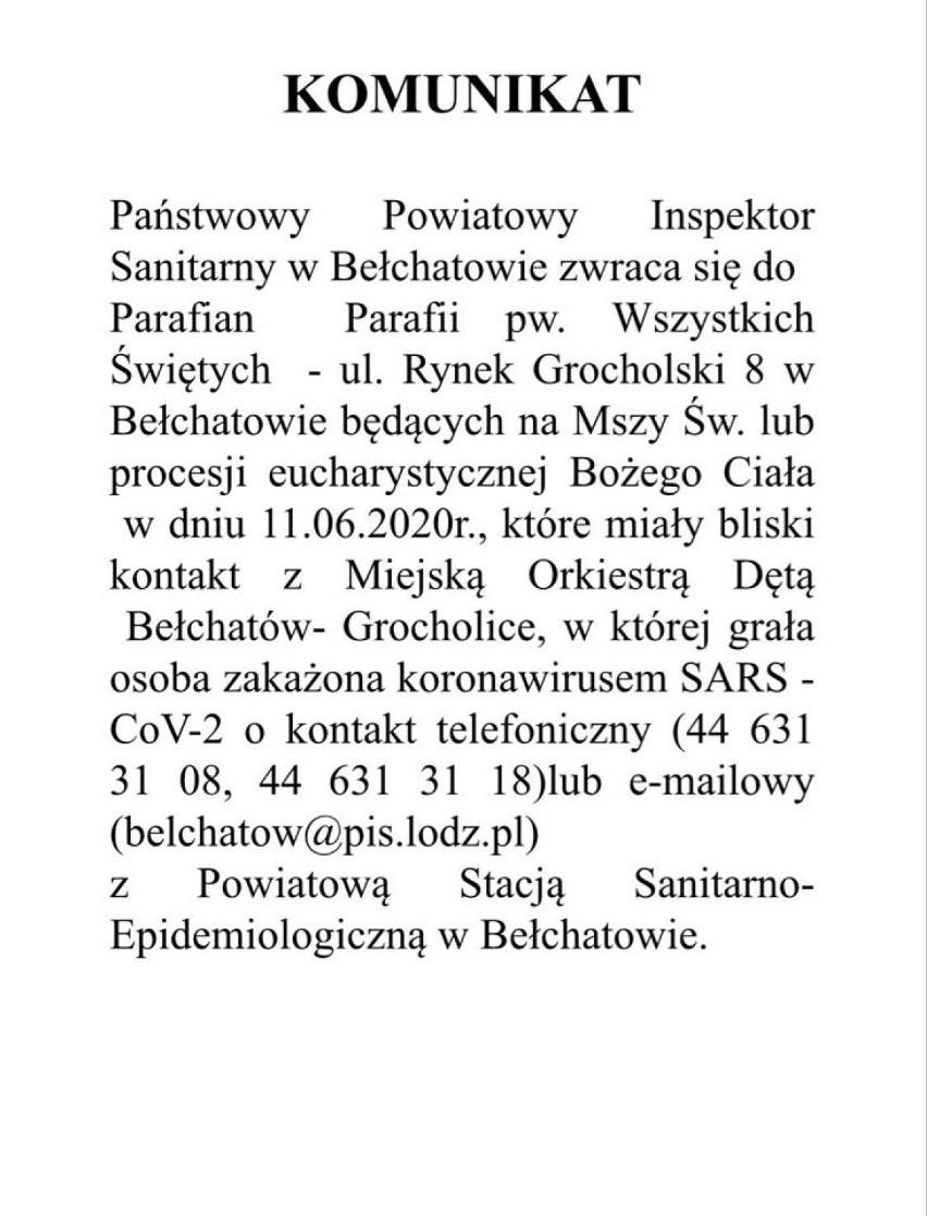 Koronawirus w miejskiej orkestrze dętej z Grocholic. Sanepid szuka osób, które były na mszy i na procesji