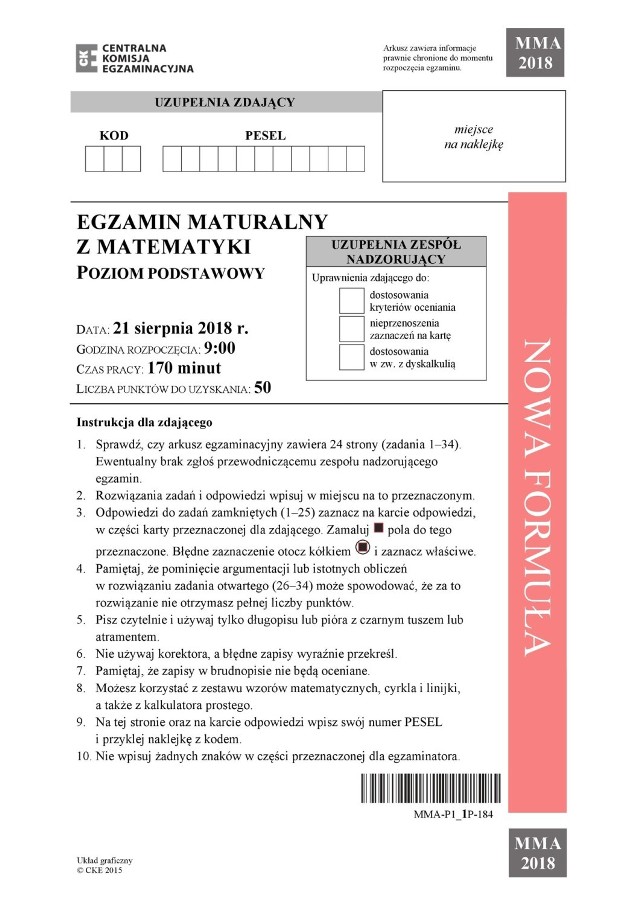 Matura poprawkowa MATEMATYKA 2018: Odpowiedzi, Arkusz CKE