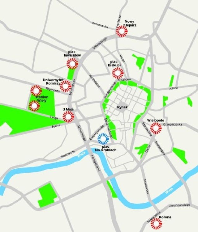 Budowę tych parkingów planowały władze miejskie. Powstał na razie tylko jeden - pod pl. Na Groblach (na niebiesko). Rusza inwestycja przy al. 3 Maja. Urzędnicy szukają jeszcze inwestora dla obiektu pod pl. Biskupim. Reszta parkingów podziemnych na razie wypadła z budżetowych planów