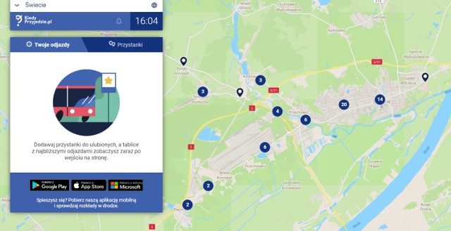 Tak wygląda mapa Świecia z przystankami komunikacji miejskiej na platformie kiedyprzyjedzie.pl