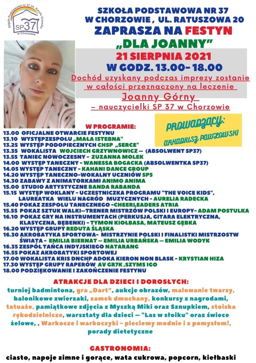 Charytatywny festyn „Dla Joanny” organizowany przez szkołę z Chorzowa. Dochód zostanie przekazany na leczenie nauczycielki