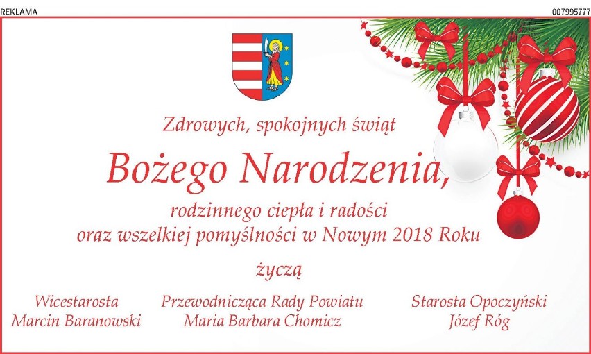 Życzenia z okazji Świąt Bożego  Narodzenia składają samorządowcy powiatu opoczyńskiego